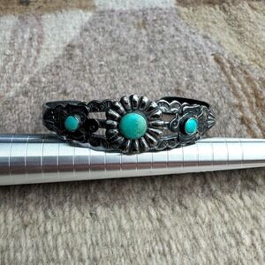 VTG Fred Harvey Era Navajo‎ Double Thunderbird Turquoise Cuff Sterling Bracelet